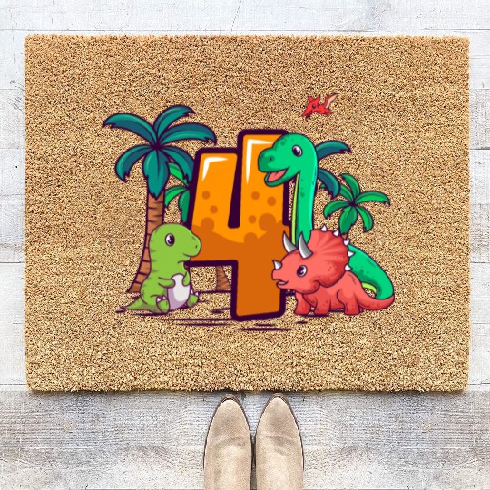 4th Birthday Trex Triceratops Dinosaur 4 Year Coir Doormats