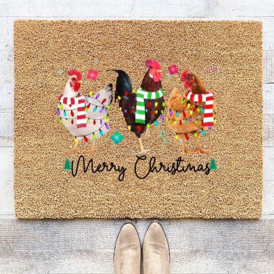 Merry Christmas Funny Chicken With Christmas Light Coir Doormats