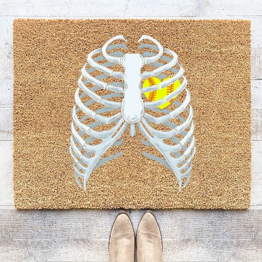 Funny Softbal Heart Skeleton Rib Cage Halloween Coir Doormats