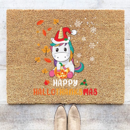 Unicorn Lover Halloween Happy Hallothanksmas Coir Doormats