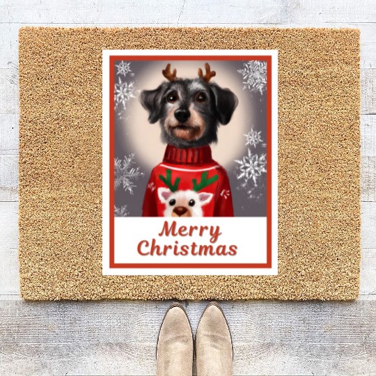Miniature Black Schnauzer in a Christmas sweater. Coir Doormats