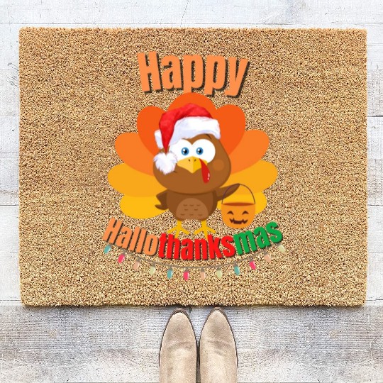 Happy Hallothanksmas Trick or Treat Santa Turkey Coir Doormats