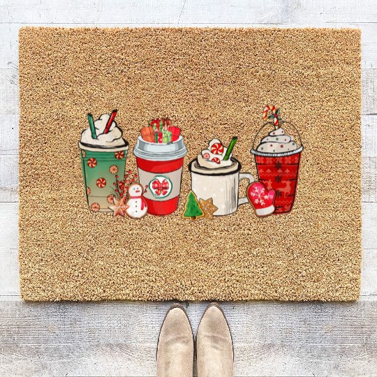 Merry Christmas Coffee Snowman Latte Peppermint Coir Doormats