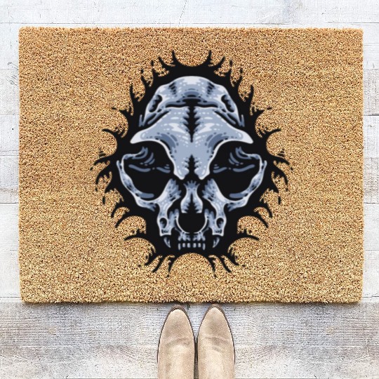Cat Skull Bursting out gray scale oddities Coir Doormats