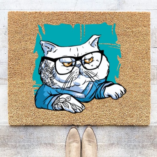 Stylish Nerd Persian Cat Beanie Glasses Tattoo Coir Doormats
