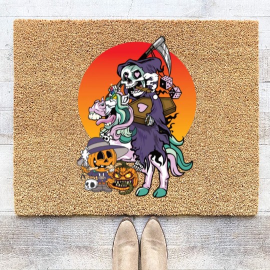 Unicorn Halloween Pumpkin Grim Reaper Coir Doormats