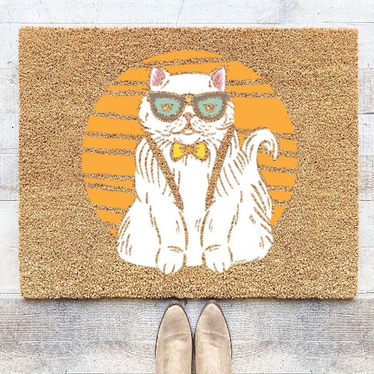 Stylish Nerd Persian Cat Beanie Glasses Tattoo Coir Doormats