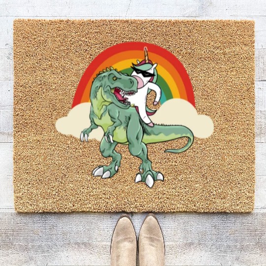 Dabbing Unicorn Riding T Rex Boys Girls Halloween Coir Doormats