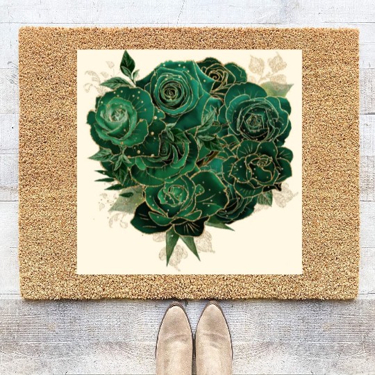 Green and Gold Glam Roses Pattern Coir Doormats