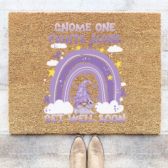 Gnome One Fights Alone Lavender Cancer Coir Doormats