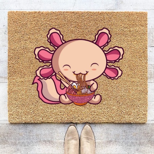 Kawaii Axolotl Eating Ramen Japanese Noodles Anime Coir Doormats