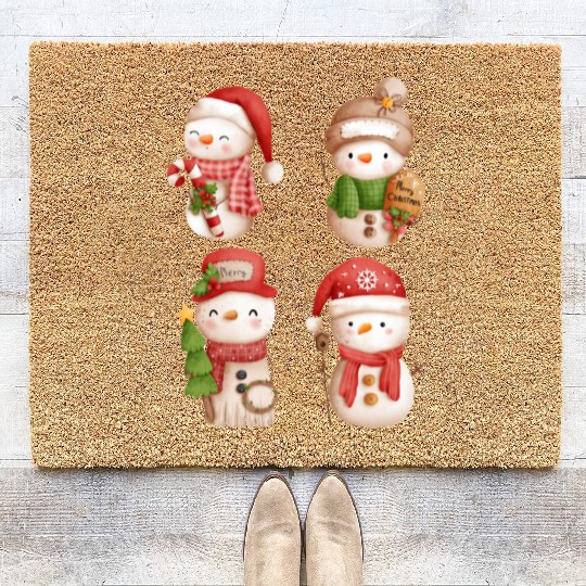 Snowmen in christmas mode happy holidays Coir Doormats