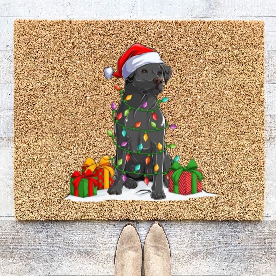 Black Lab Labrador Christmas Lights Pajama Dog Coir Doormats