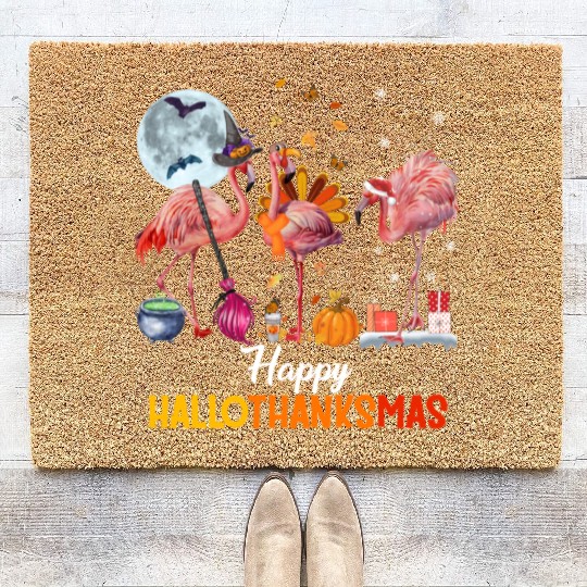 Flamingo Halloween And Merry Christmas Happy Coir Doormats