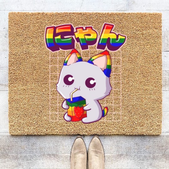 Gay Pride Kawaii Cat Strawberry Milk Rainbow Flag Coir Doormats