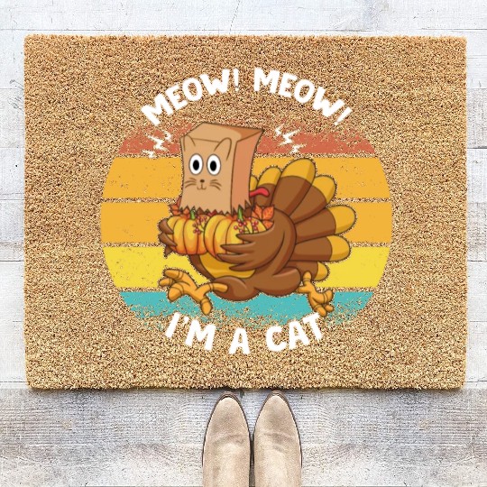 Meow I’m Cat Thanksgiving Fake Cat Funny Turkey Coir Doormats
