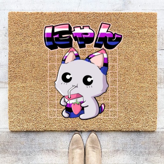 Genderfluid Pride Kawaii Cat Strawberry Milk Coir Doormats