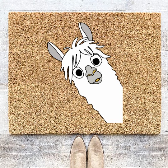 Laughing alpaca comic lama in white with big eyes Coir Doormats