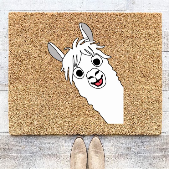 Laughing alpaca comic lama in white with big eyes Coir Doormats