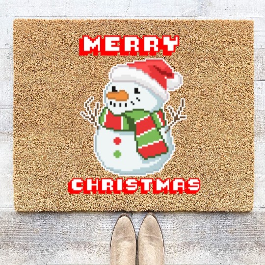 Merry Christmas I Xmas I 8 Bit Pixelated Snowman Coir Doormats