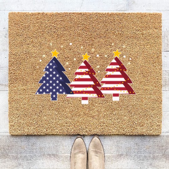 Christmas Tree American Flag Patriot Coir Doormats