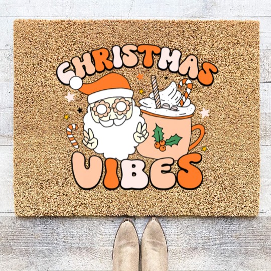Retro Groovy Christmas Vibes Cute Santa Claus Xmas Coir Doormats