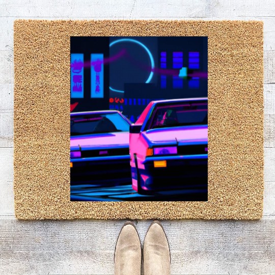 Vaporwave Car Synthwave City Coir Doormats