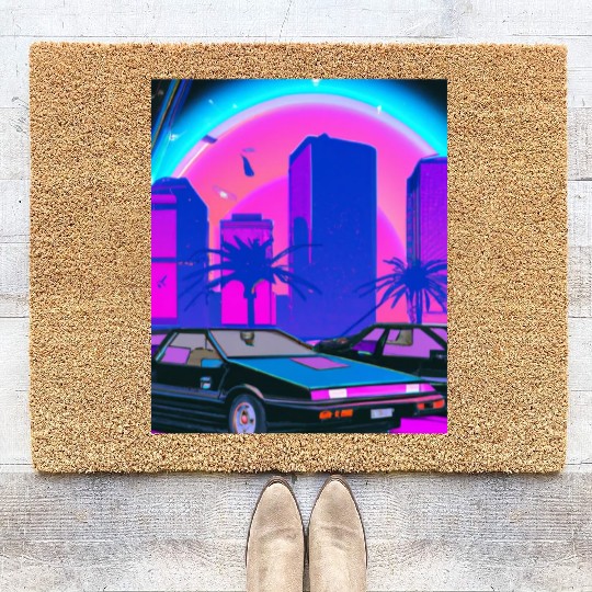 Vaporwave Car Synthwave City Coir Doormats