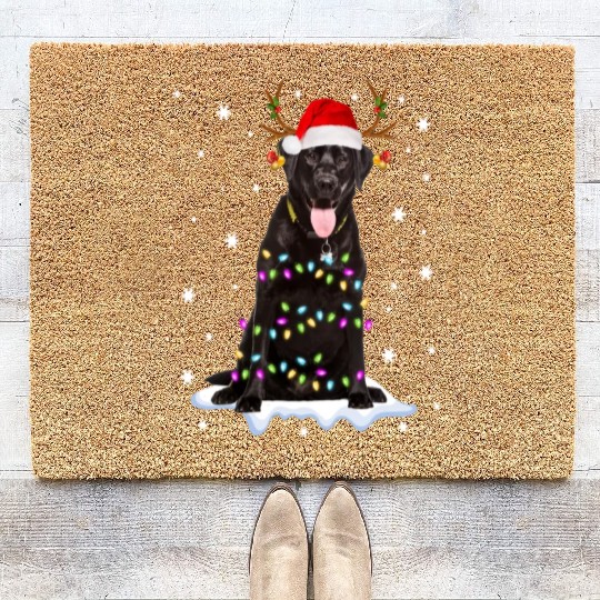Black Lab Labrador Christmas Tree Light Pajama Dog Coir Doormats