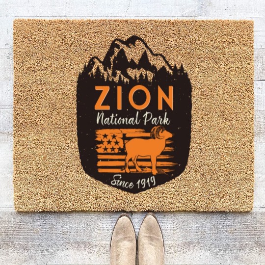 Zion National Park US Flag Bighorn Sheep Coir Doormats