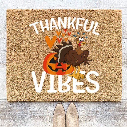 Retro Thankful Vibes Turkey Fall Thanksgiving Coir Doormats