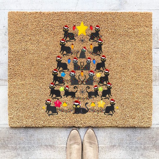 Black Cat christmas light funny cat lover Coir Doormats
