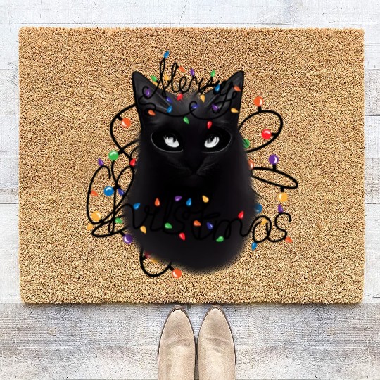 Black Cat christmas light Coir Doormats