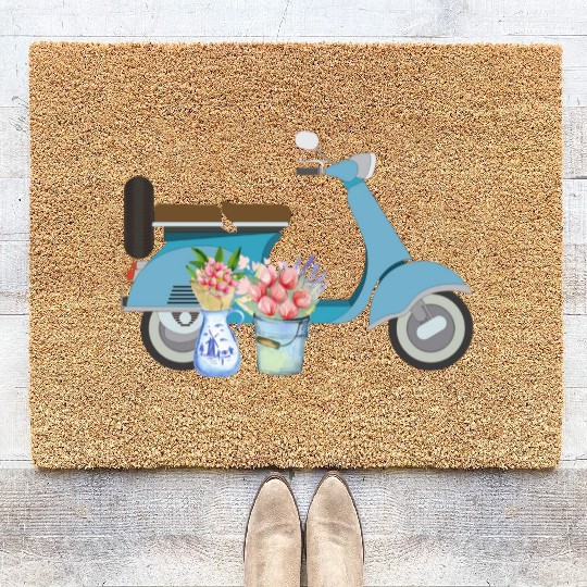 Blue Retro Scooter With Tulips Art Design Coir Doormats