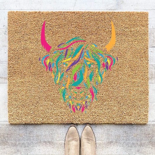 Funny Cow highland cow animal colorful Coir Doormats