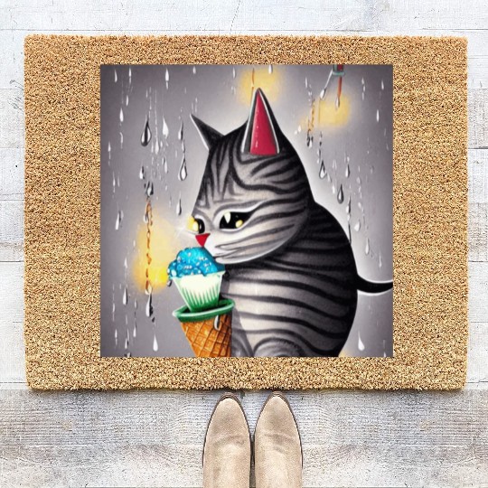 cut cat love ice cream Coir Doormats