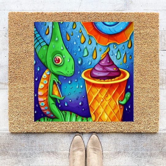 happy dinosaur love ice cream Coir Doormats