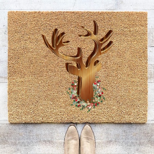 Deer head in wood look with Christmas wreath Coir Doormats
