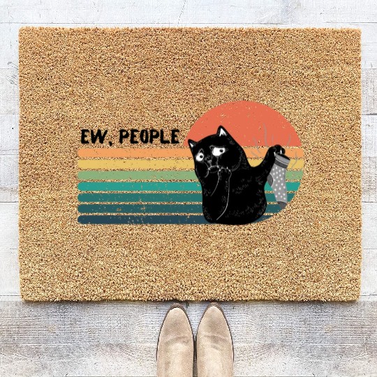 Ew, people - Disgusted Black Cat with Smelly Sock Coir Doormats