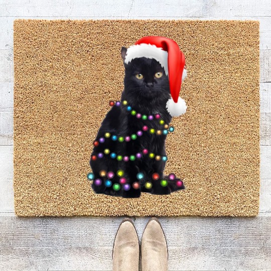 Black Cat Christmas Light Funny Cat Love Christmas Coir Doormats