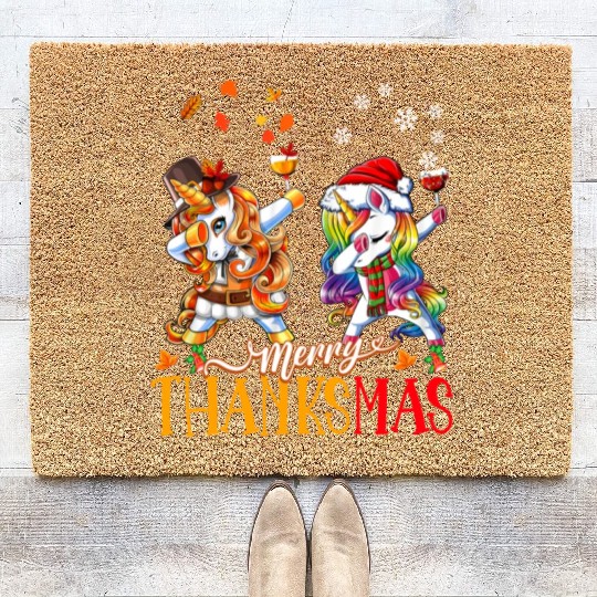 Merry Thanksmas funny unicorn Thanksgiving xmas Coir Doormats
