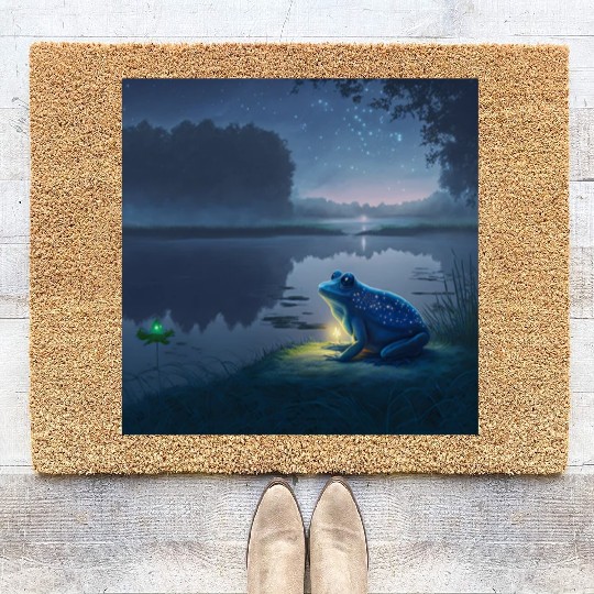 Blue Frog and Firefly on a pond at Night Coir Doormats