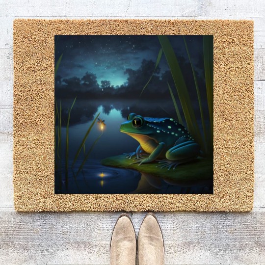 Frog and Firefly Friends on the Pond at Night Coir Doormats