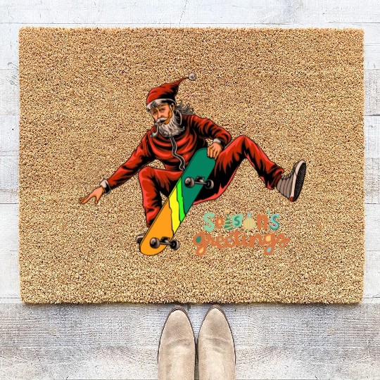 Skateboarding with Mr. Santa Claus at christmasday Coir Doormats