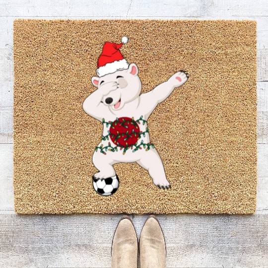 Soccer Boy Dabbing Polar Bear Christmas Hat Coir Doormats