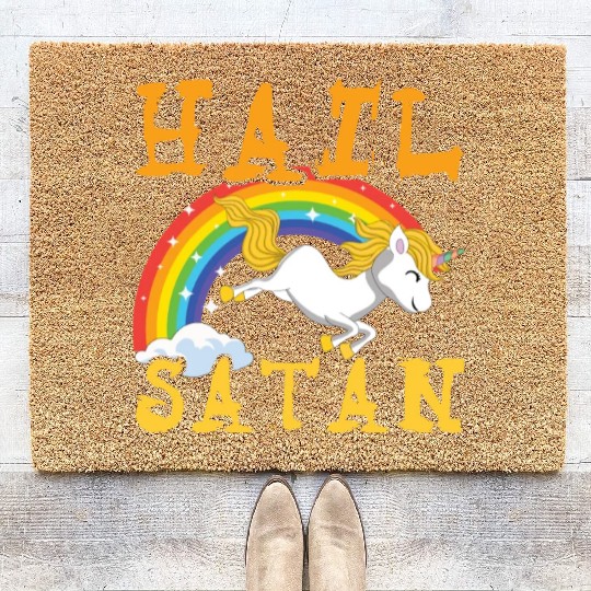 Hail Satan Unicorn Rainbow Metal Music Lover Rock Coir Doormats