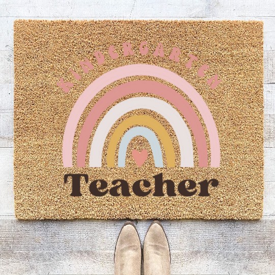 Cute "Kindergarten Teacher" Rainbow Boho Coir Doormats