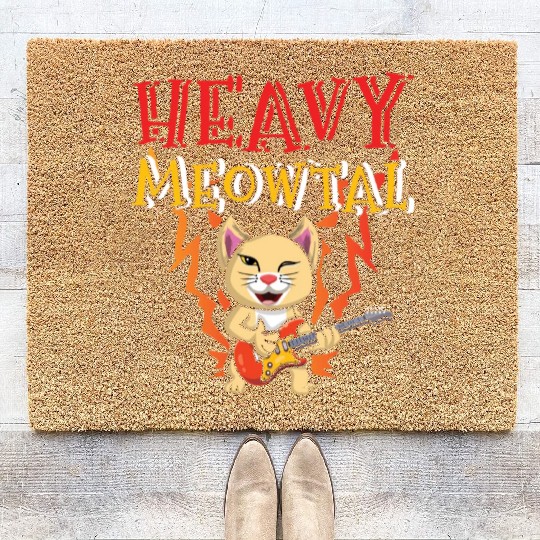Kawaii Cat Heavy Meow Metal Music Lover Guitar Coir Doormats