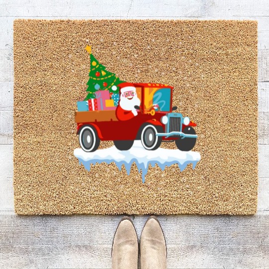 Red jeep pine tree Funny Merry Christmas family Coir Doormats