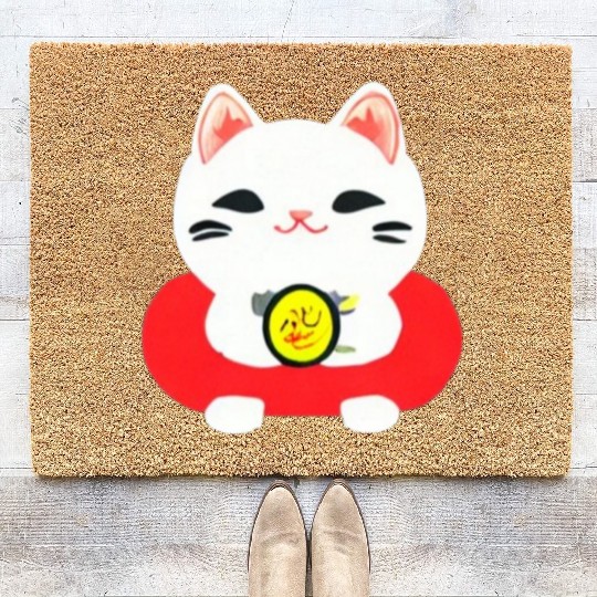 Kawaii Maneki Neko Cat Illustration Coir Doormats